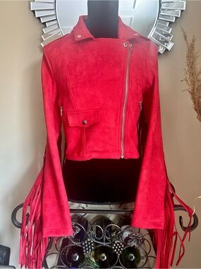 Missguided Red  Fringe Moto Jacket